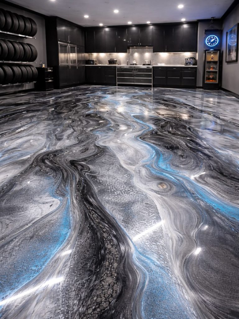 Black, blue, and silver metallic epoxy showroom floor with tire display in background