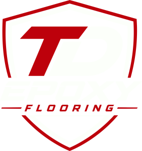 TD Epoxy Flooring logo, red on white shield mark for dark backgrounds
